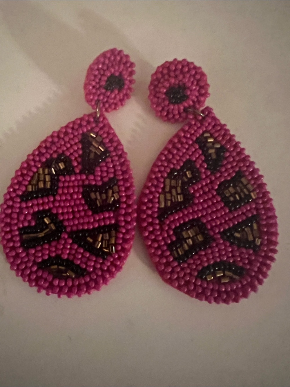 Handcrafted Pink Beaded Teardrop Earrings - Leopard Accent